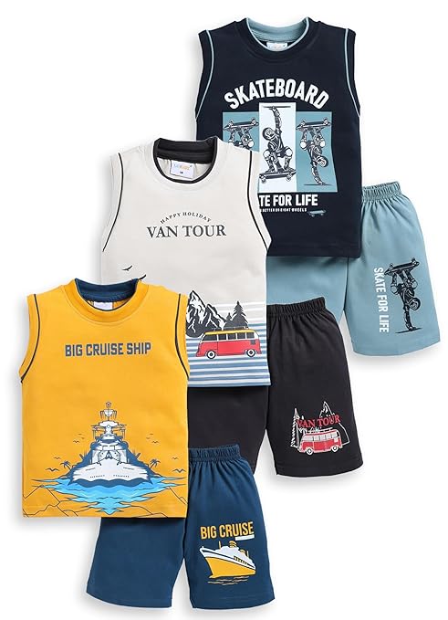 Pure Cotton Sleeveless T-Shirt and Half Pant Set for Boys Kids| Kids boys tshirt and half pant set| Coordinated Set for Unisex kids| Roundneck Tees| Lightweight and Breathable